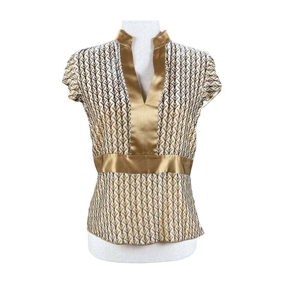 KENNETH COLE GOLD VELVET PATTERN TOP WITH DECORATIVE SILK TRIM, SIZE 6 - Picture 1 of 4